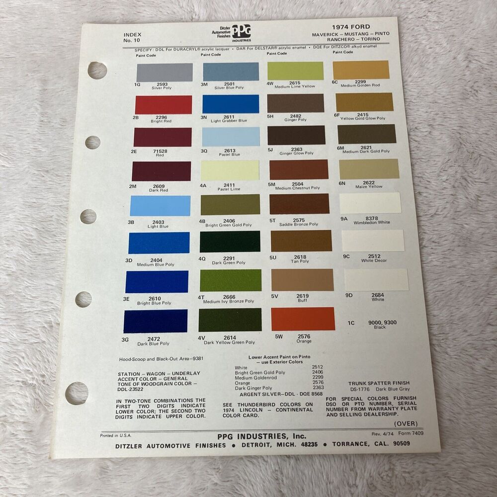 1974 Ford Colors Ditzler PPG Color Chips Color Information Vintage